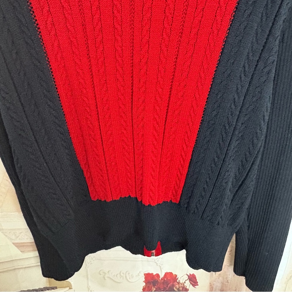 St. John Sport Black and Red Cable Knit Color Block Cardigan - Picture 7 of 8